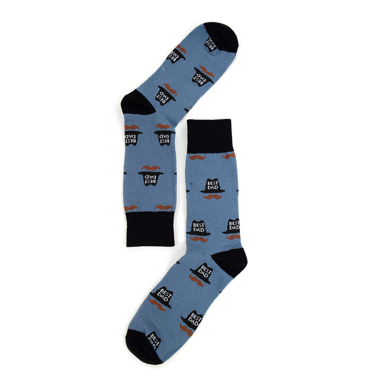 Men's Best Dad Crew Socks - Blue with black heel. Best Dad hat and mustache pattern.