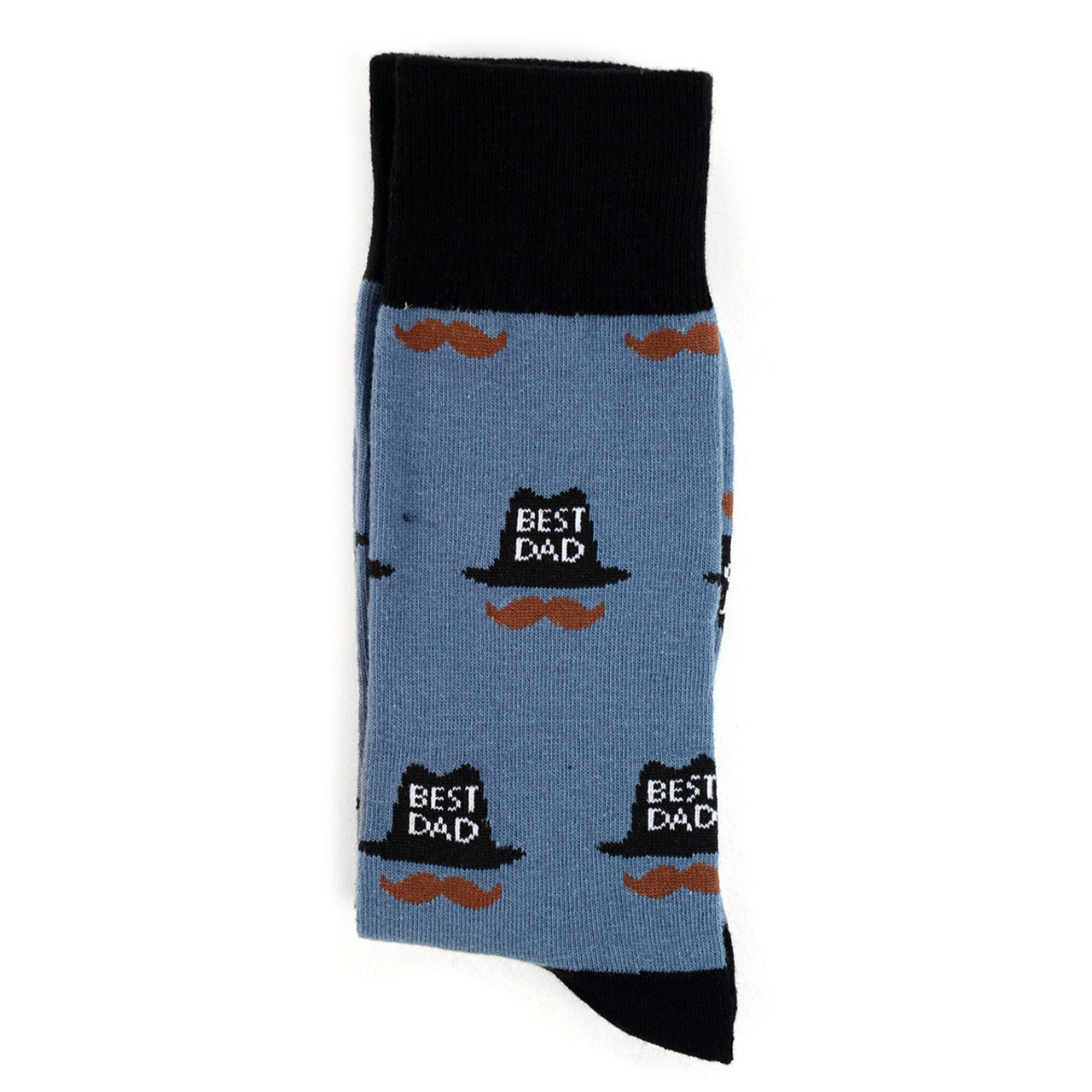 Men's Best Dad Crew Socks - Blue with black heel. Best Dad hat and mustache pattern.