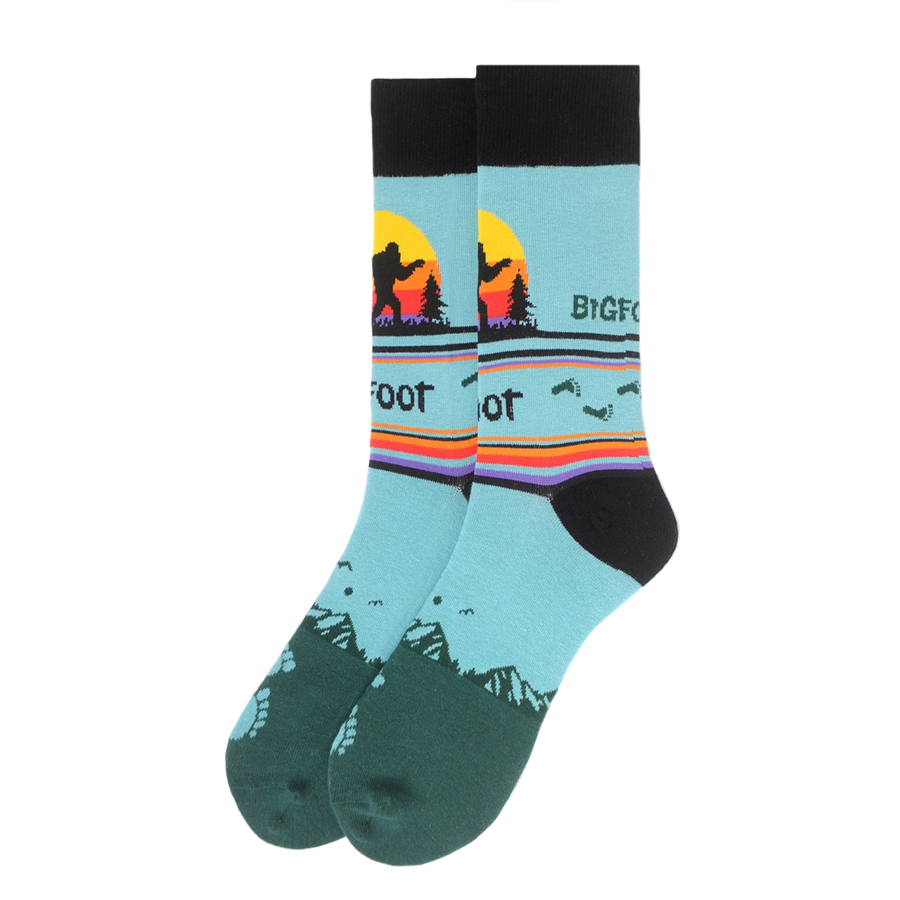 Men's crew socks with Bigfoot silhouette, footprints, mountains and a colorful stripes.