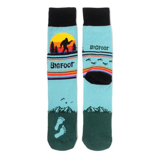 Men's crew socks with Bigfoot silhouette, footprints, mountains and a colorful stripes.