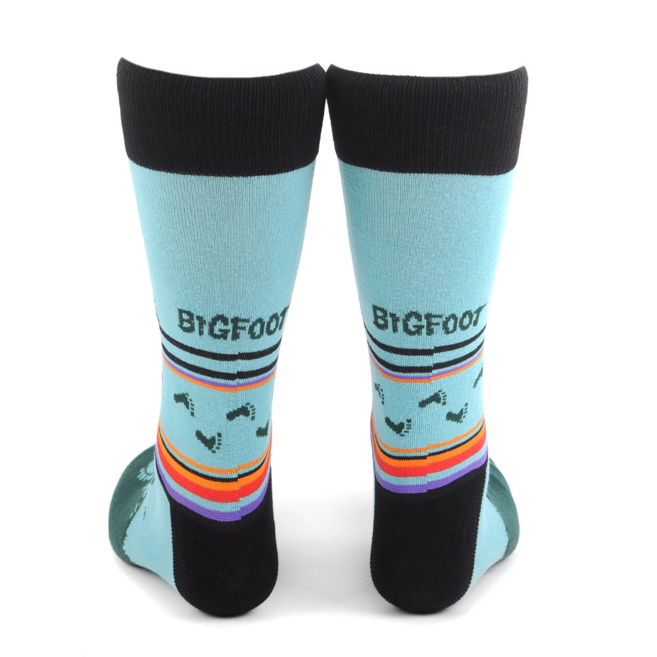Men's crew socks with Bigfoot silhouette, footprints, mountains and a colorful stripes.