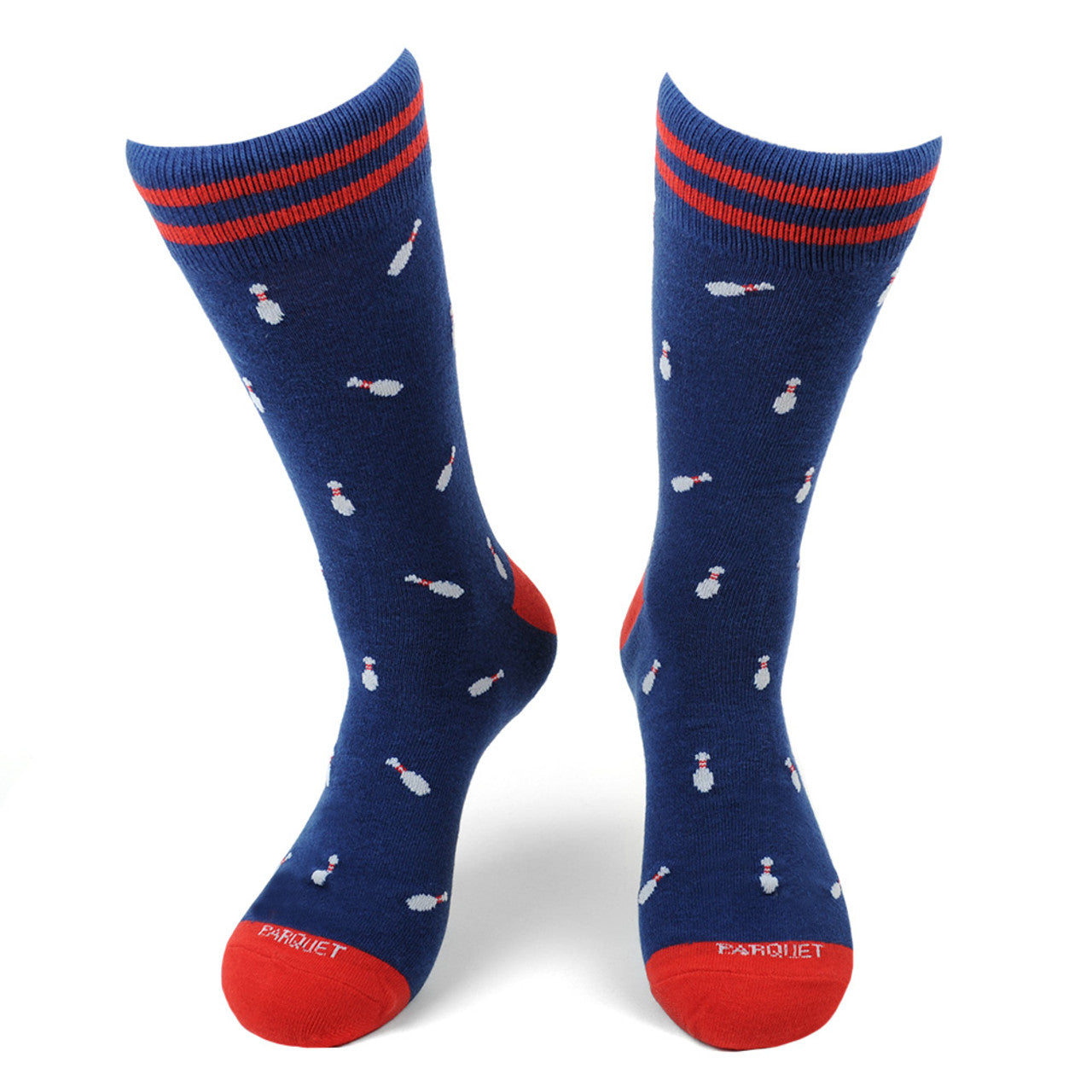 Mens Blue Crew Socks with bowling pins, red stripes and red heel and toe.