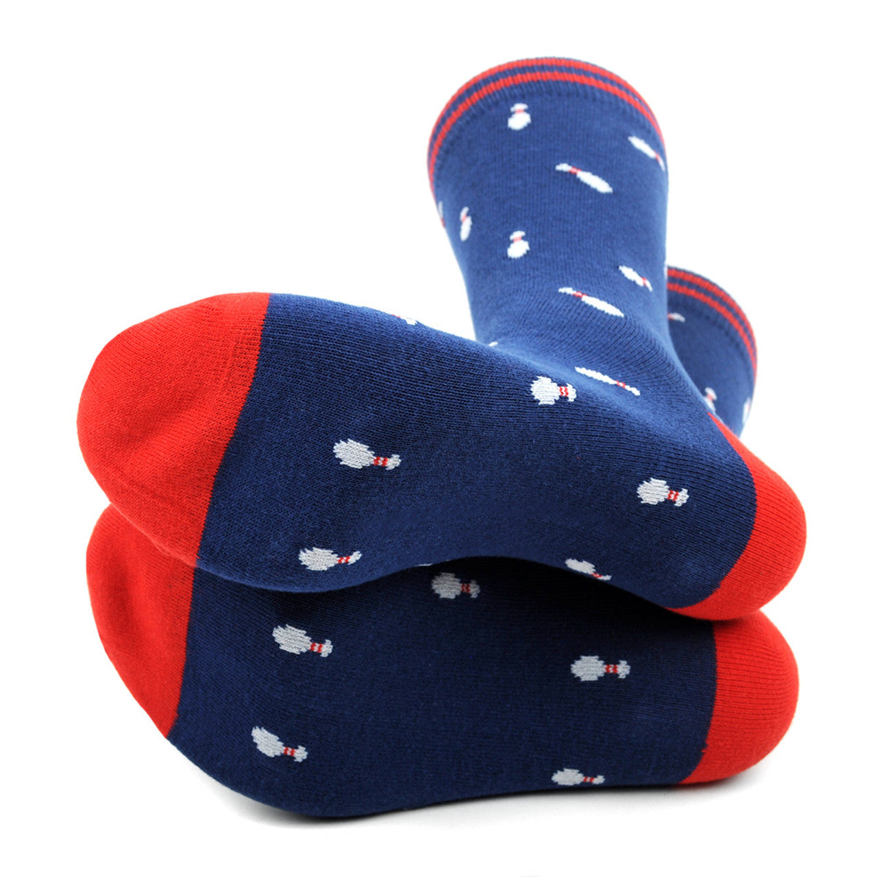 Mens Blue Crew Socks with bowling pins, red stripes and red heel and toe.