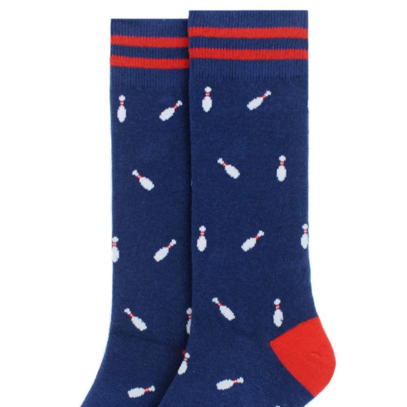 Mens Blue Crew Socks with bowling pins, red stripes and red heel and toe.