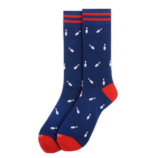 Mens Blue Crew Socks with bowling pins, red stripes and red heel and toe.
