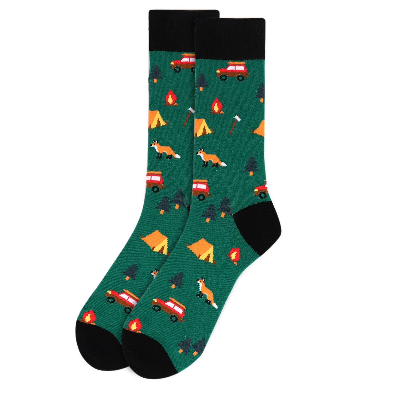 A pair of green camping crew socks with a pattern that includes tents, a fox, and a campfire.