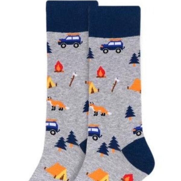 Grey men’s crew socks with camping and outdoor adventure pattern