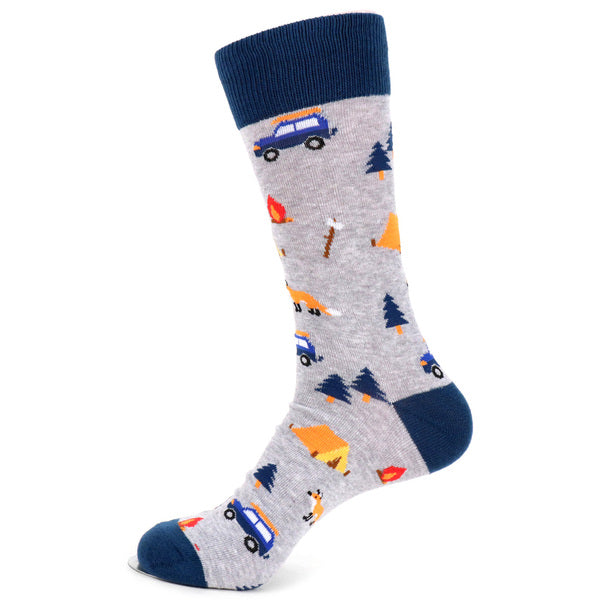Men’s camping socks with colorful tents, campfires and wildlife design