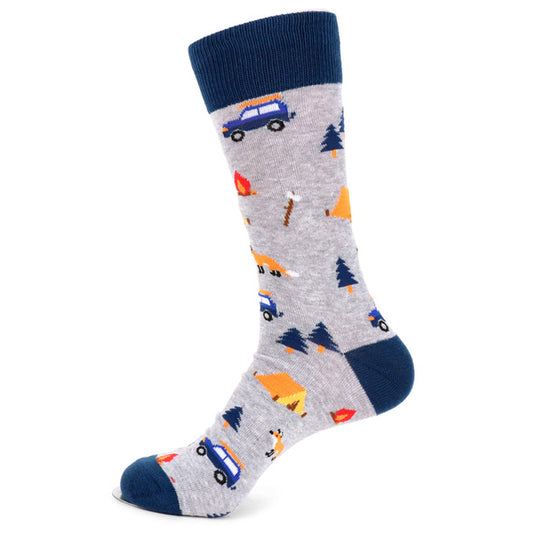 Men’s camping socks with colorful tents, campfires and wildlife design