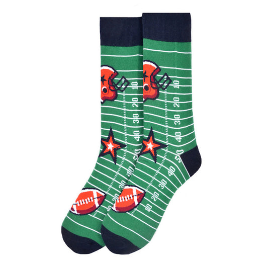 Men's Game Day Football Socks - green socks with football field print, helmets, footballs, and stars.