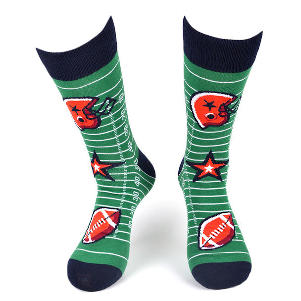 Men's Game Day Football Socks - green socks with football field print, helmets, footballs, and stars.