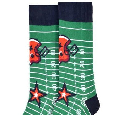 Men's Game Day Football Socks - green socks with football field print, helmets, footballs, and stars.