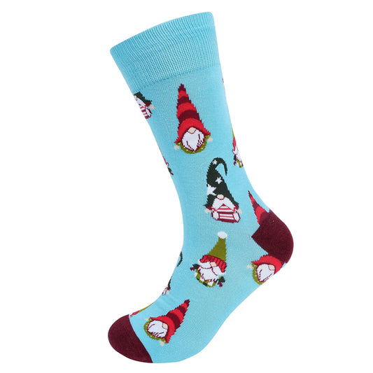 Men's Gnome Christmas Crew Sock - Blue with gnome pattern - colored toe and heel.
