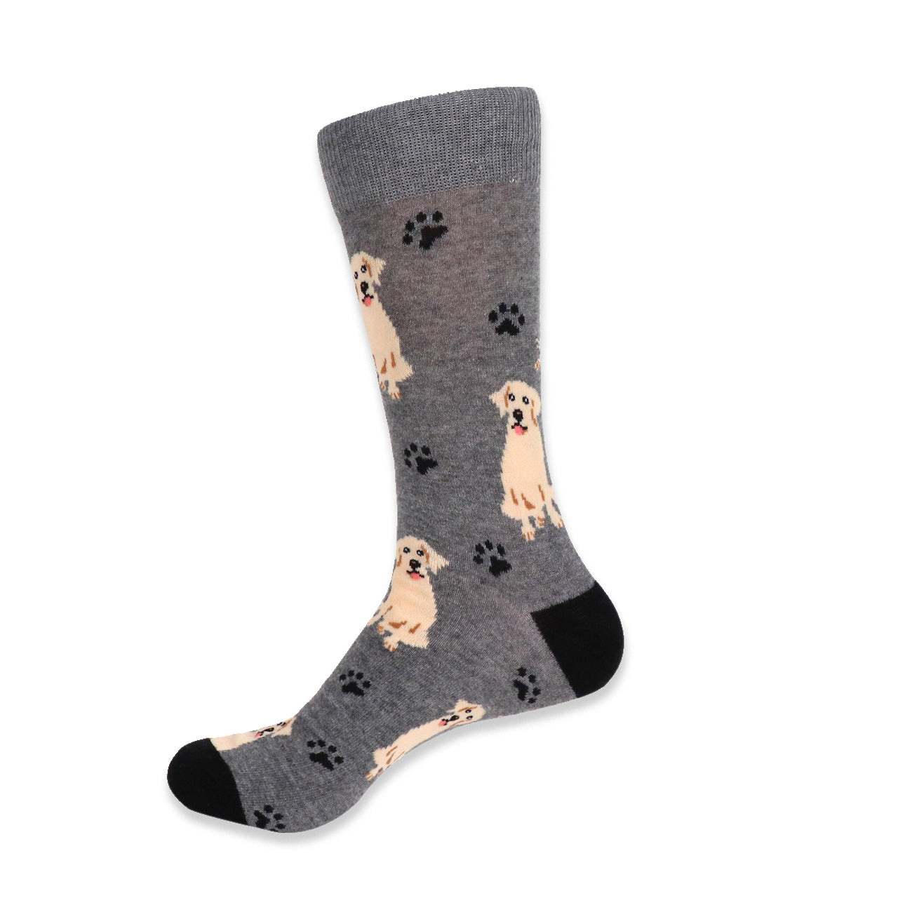 Men's gray crew socks with golden retriever and Labrador dog pattern