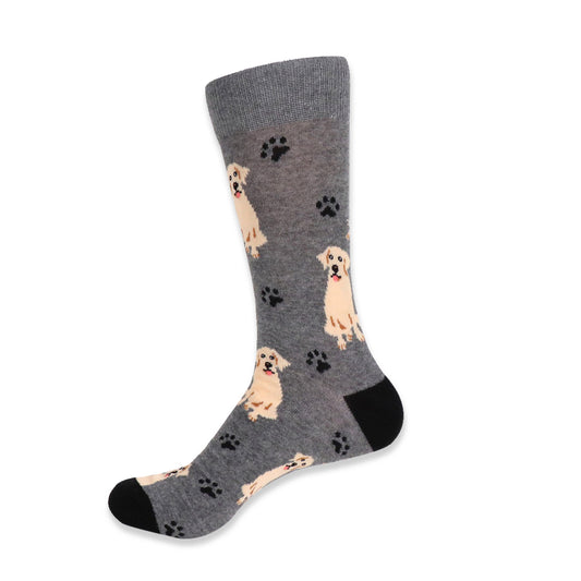 Men's gray crew socks with golden retriever and Labrador dog pattern