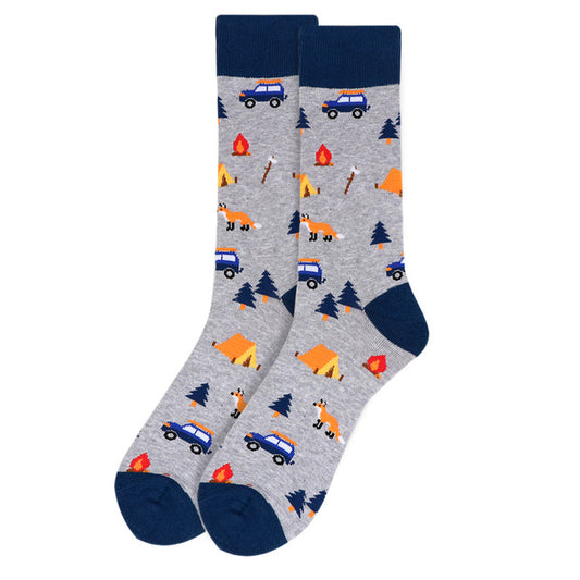 Men’s grey camping crew socks with tents, campfires and outdoor pattern