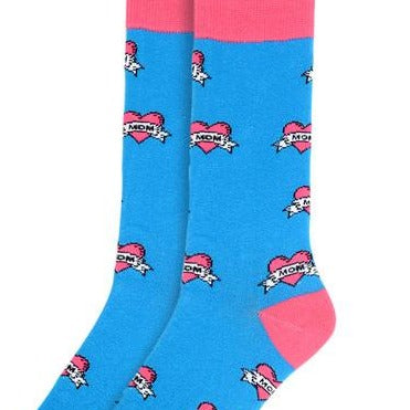 Men's Love Mom Novelty Socks - blue with pink toes - mom tattoo print