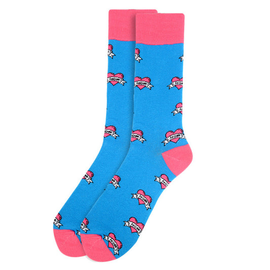 Men's Love Mom Novelty Socks - blue with pink toes - mom tattoo print