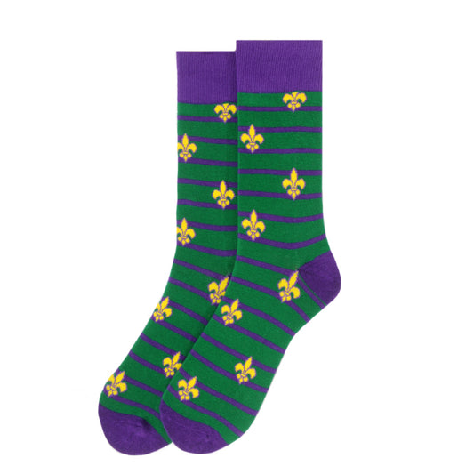 Men's Mardi Gras Socks Fleur-de-Lis Gift Striped Crew Socks - green socks, purple stripes and toes, Fleur-de-Lis pattern.