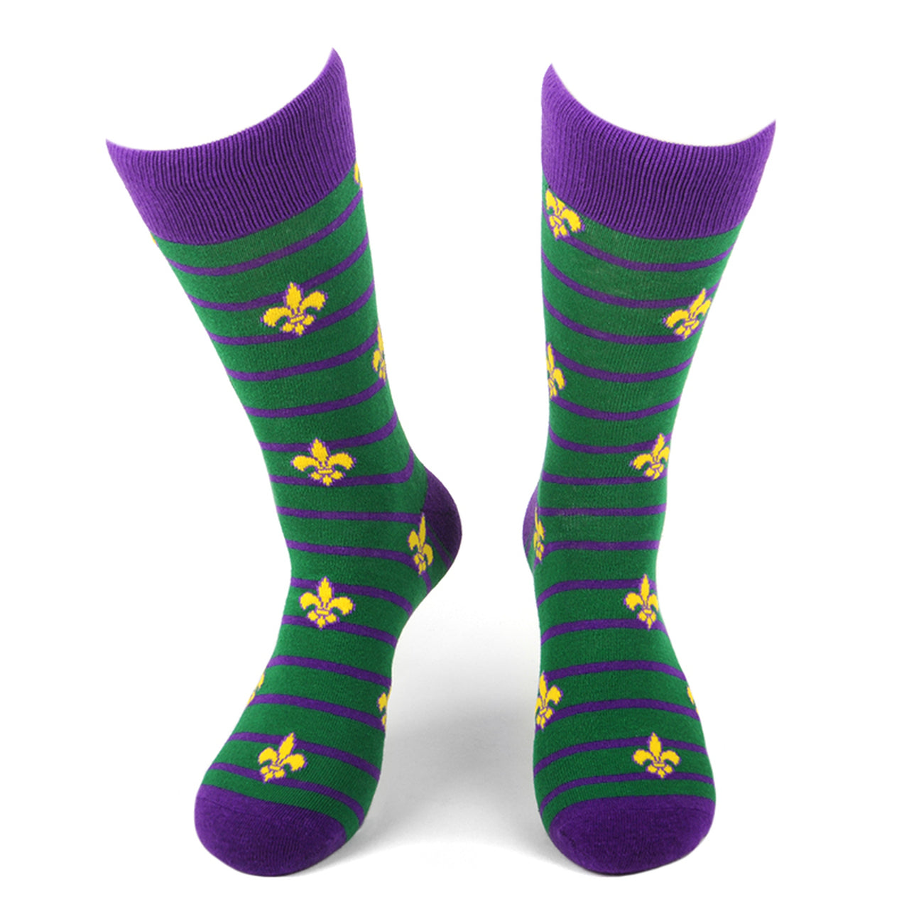 Men's Mardi Gras Socks Fleur-de-Lis Gift Striped Crew Socks - green socks, purple stripes and toes, Fleur-de-Lis pattern.