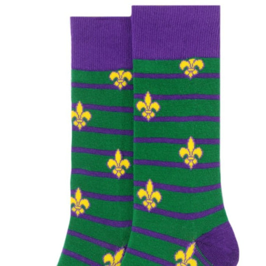 Men's Mardi Gras Socks Fleur-de-Lis Gift Striped Crew Socks - green socks, purple stripes and toes, Fleur-de-Lis pattern.