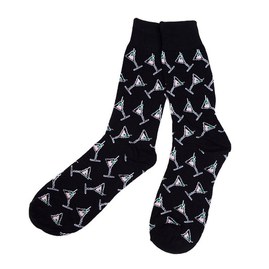 Men's blue crew socks with pink, green and white martini glass pattern