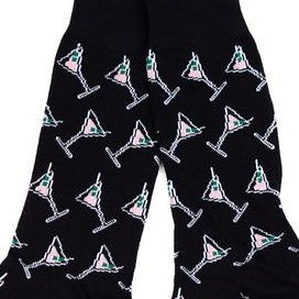 Men's blue crew socks with pink, green and white martini glass pattern