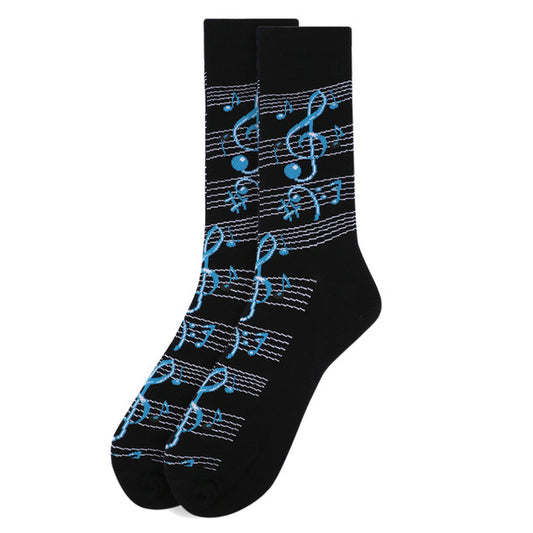 A pair of black socks with blue musical notes and staff lines. These blue men's crew socks feature a repeating pattern of treble clefs and musical notes, creating a stylish and harmonious design.