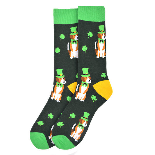 Men's St. Patrick's Day Clover Dog Socks. Gold heel, tree toe and trim.