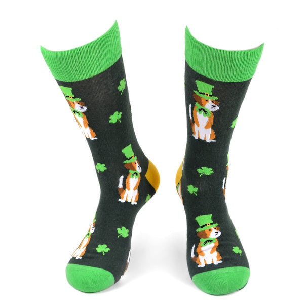 Men's St. Patrick's Day Clover Dog Socks. Gold heel, tree toe and trim.