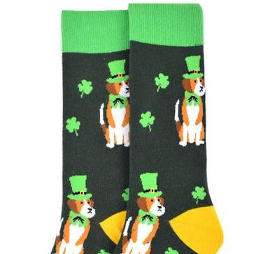 Men's St. Patrick's Day Clover Dog Socks. Gold heel, tree toe and trim.