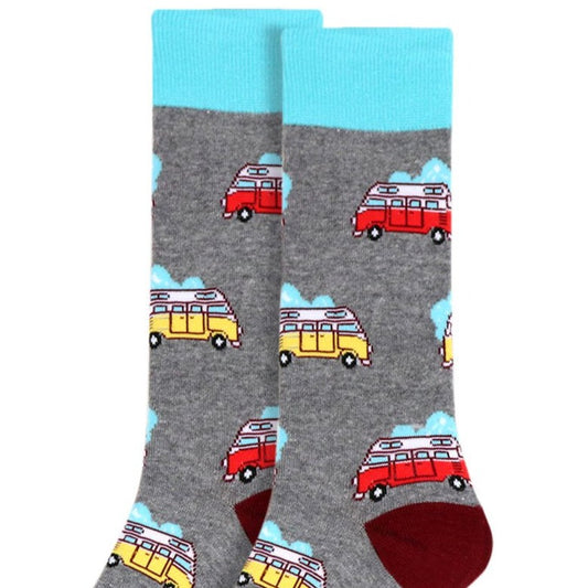 Men's Vintage Camping Camper Van Crew Socks - grey socks with camper van pattern