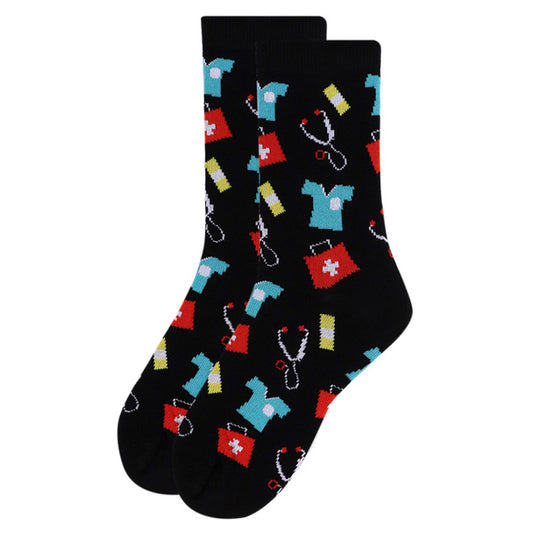 Women's medical theme crew socks with stethoscopes, scrubs and first-aid bag