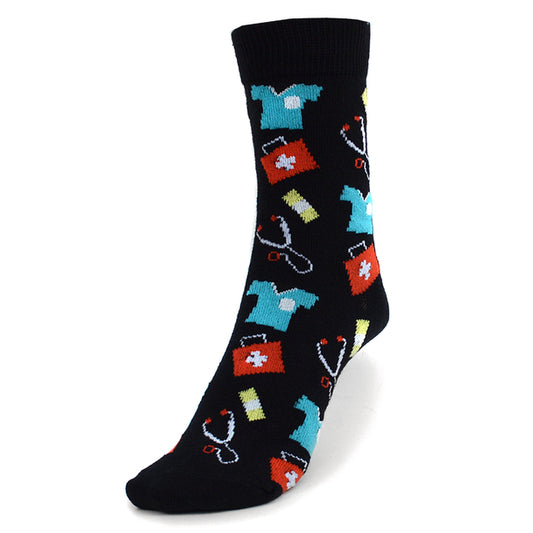 Women's medical theme crew socks with stethoscopes, scrubs and first-aid bag