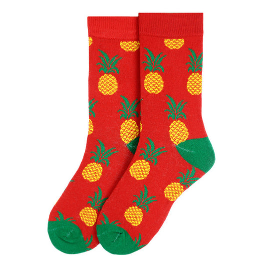 Women's Pineapple Crew Sock. Red sock with green toe and heel. Pineapple pattern allover. 