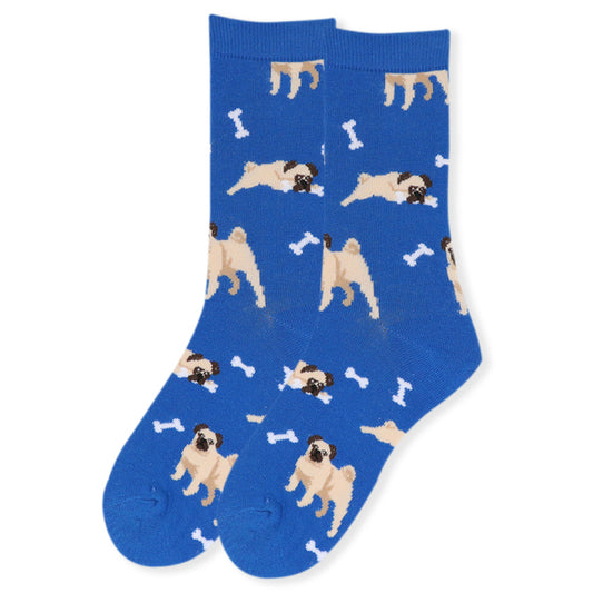 Women's blue crew socks with tan pug dogs and white bone pattern