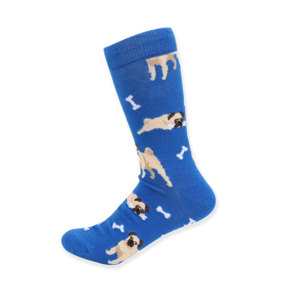 Women's blue crew socks with tan pug dogs and white bone pattern