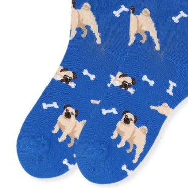 Women's blue crew socks with tan pug dogs and white bone pattern