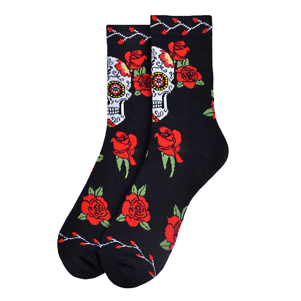 Women's crew socks with colorful sugar skulls and vivid red roses