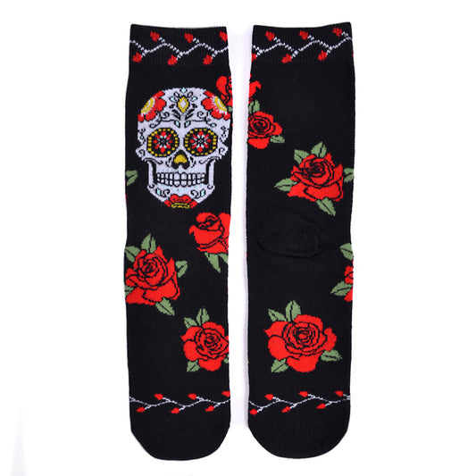 Women's crew socks with colorful sugar skulls and vivid red roses