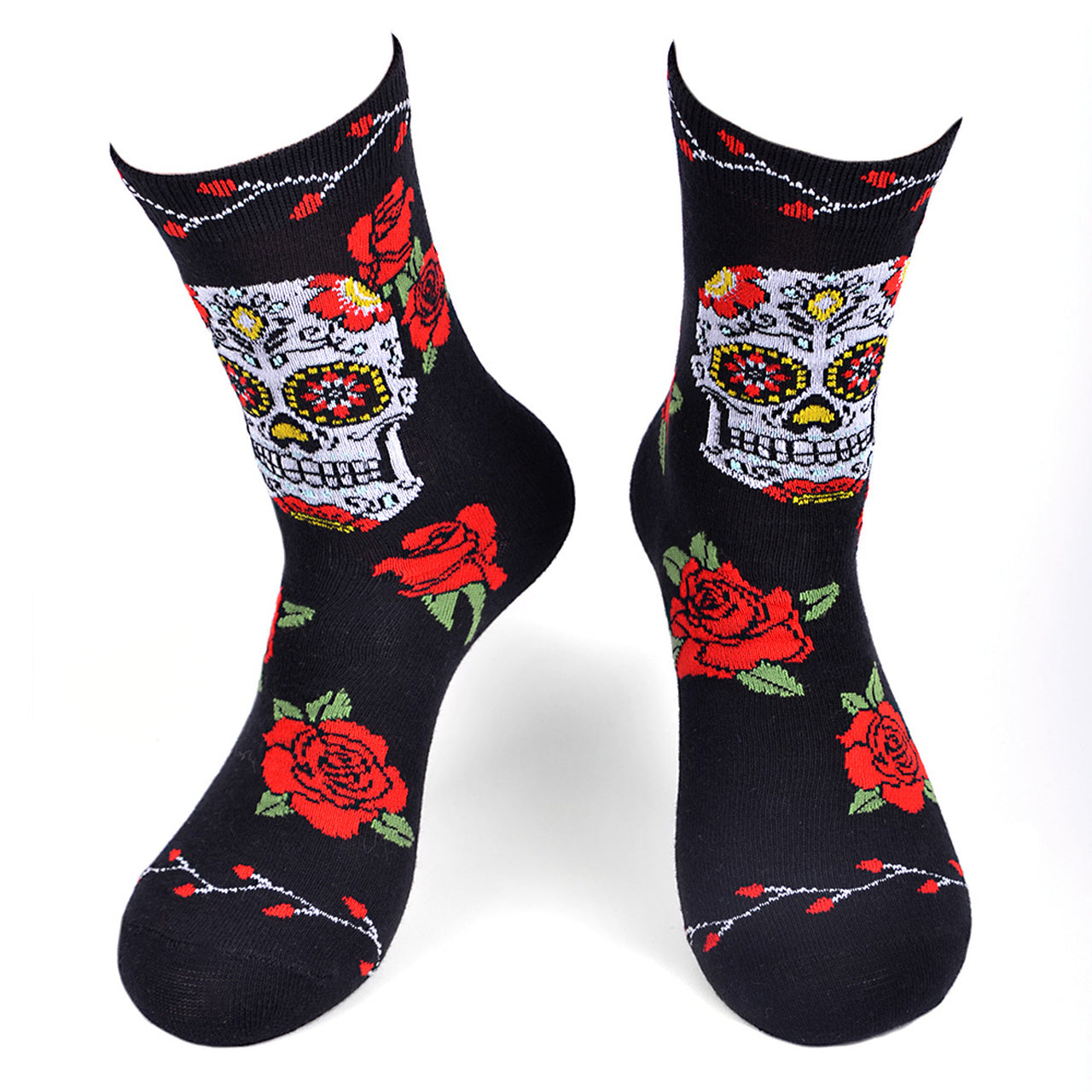 Women's crew socks with colorful sugar skulls and vivid red roses