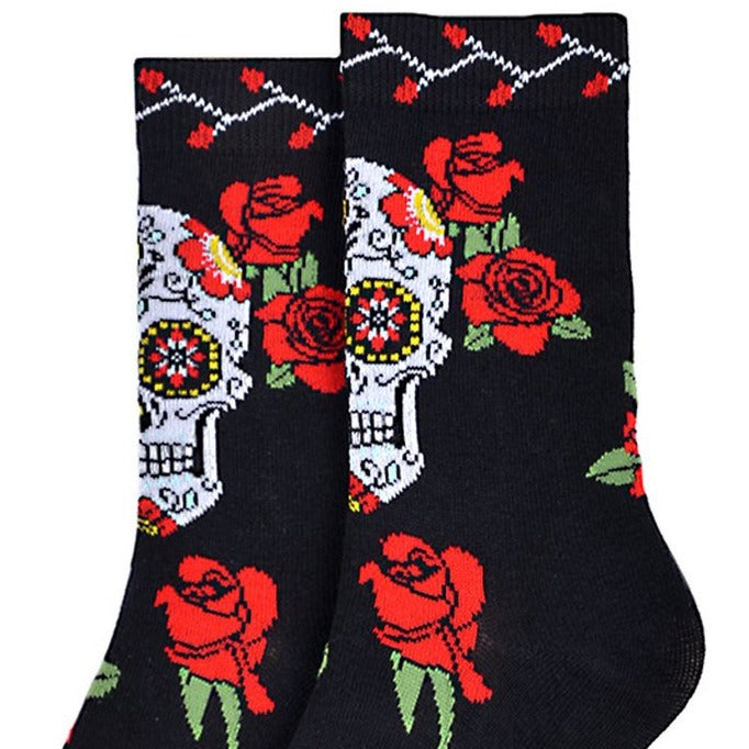Women's crew socks with colorful sugar skulls and vivid red roses